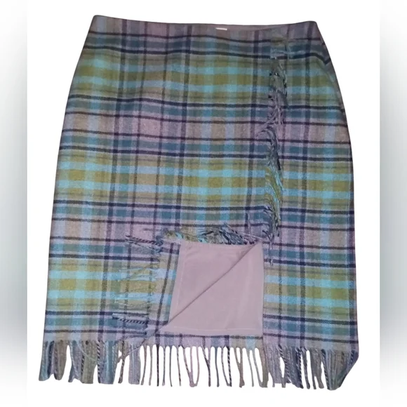 J Jill Plaid & Fringed Skirt Grey Blue Green Size 14P Lined - Picture 6 of 9